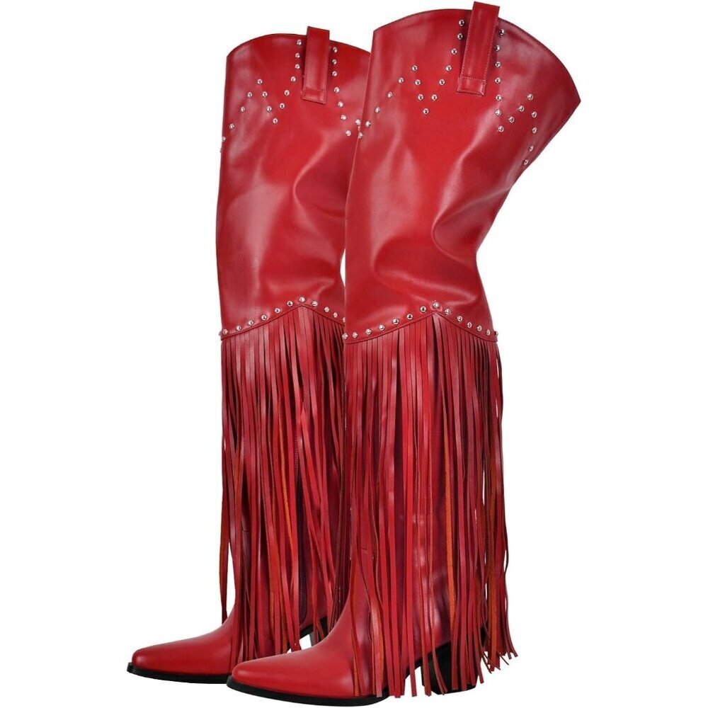 Women Red Synthetic Fringe Thigh High Tassels Wide Calf Over Knee Pointed Boots